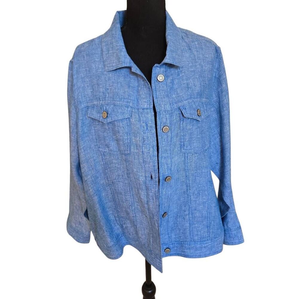 Jones & Company Womens Long Sleeve Linen Button Front Jacket Light Blue Size 1X
